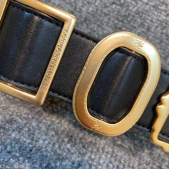 Karl Lagerfield Womens Size 14 Black Gold Leather Elastic Geometric Shape Belt main image 5